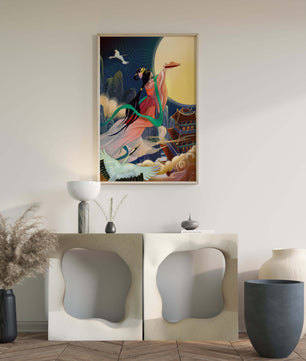 Oriental Fantasy Scene with Woman Offering Gift to the Moon