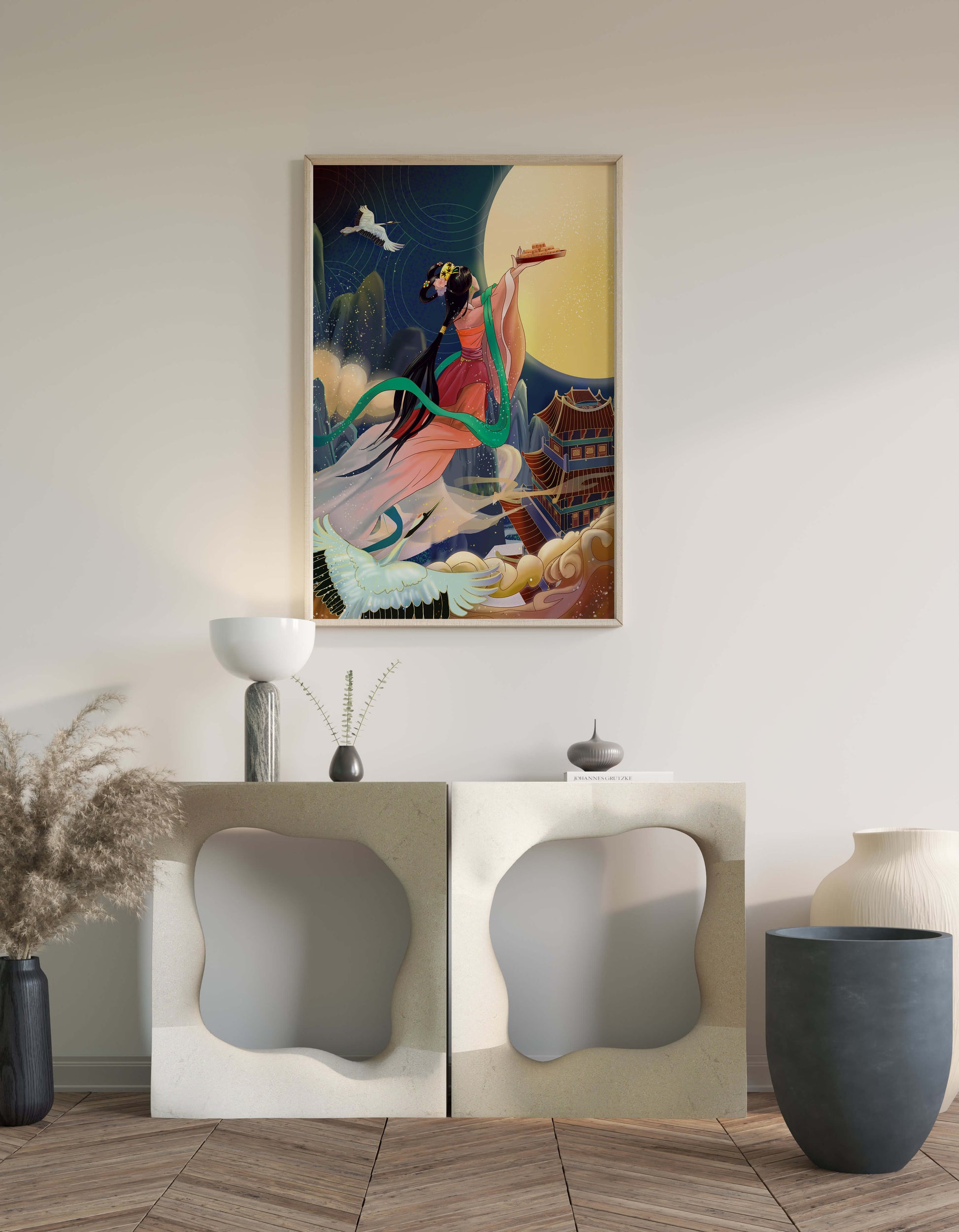 Oriental Fantasy Scene with Woman Offering Gift to the Moon
