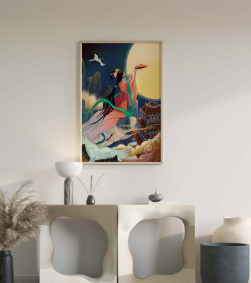 Oriental Fantasy Scene with Woman Offering Gift to the Moon