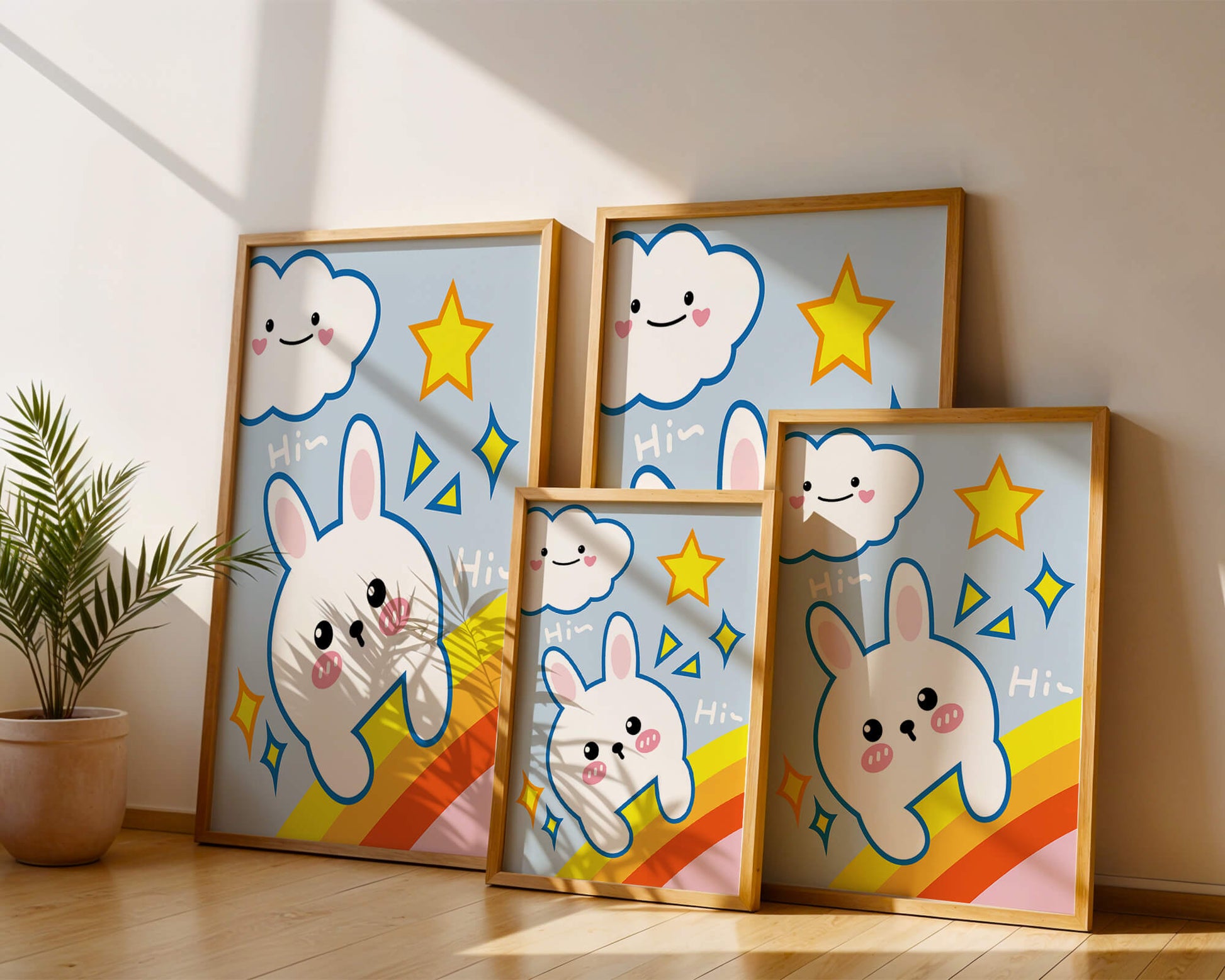 Whimsical cartoon bunny with cloud and rainbow theme