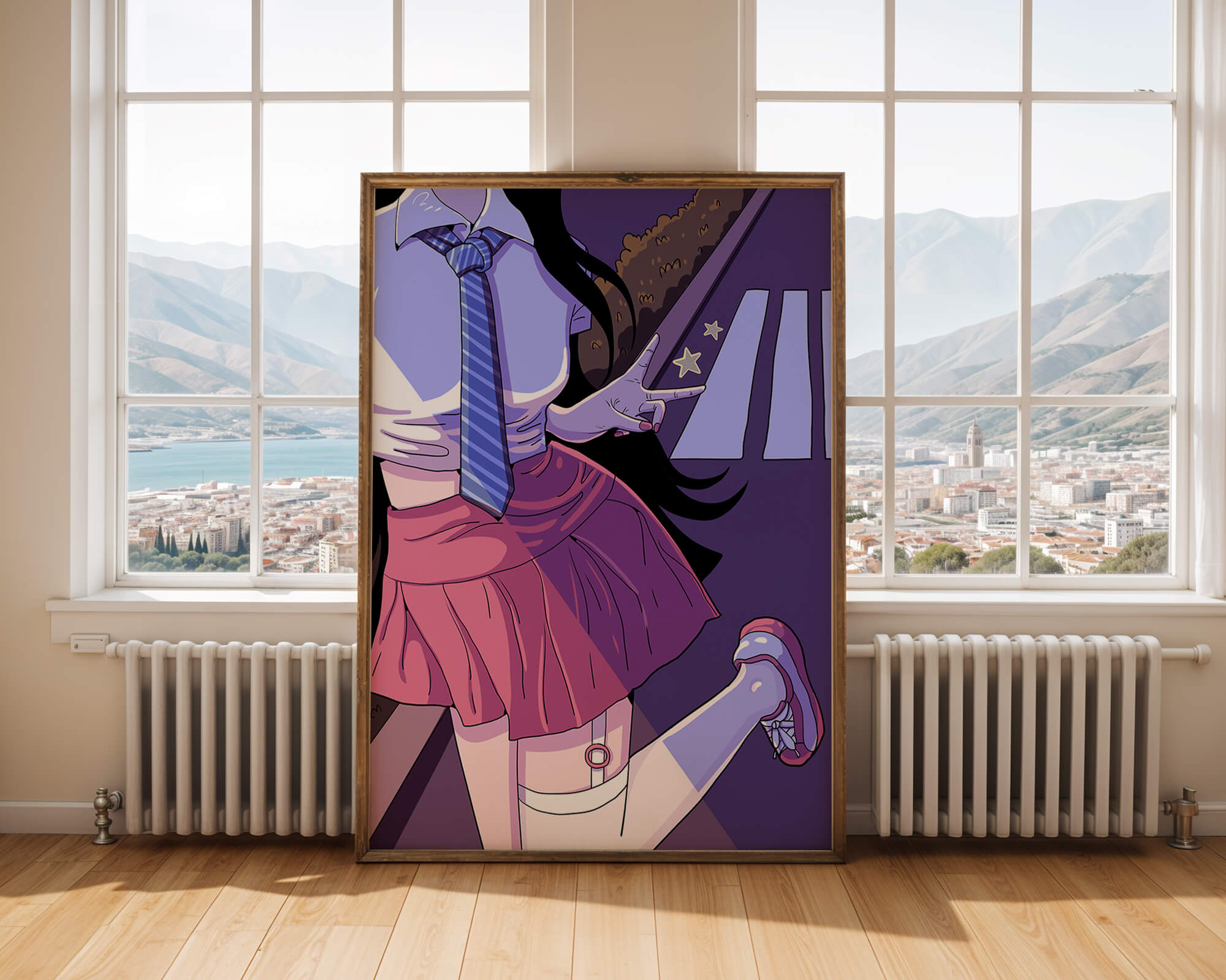 Anime style schoolgirl posing with peace sign in vibrant colors