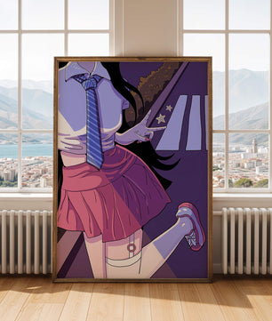 Estilo anime de una escolar posando con el signo de la paz en colores vibrantes