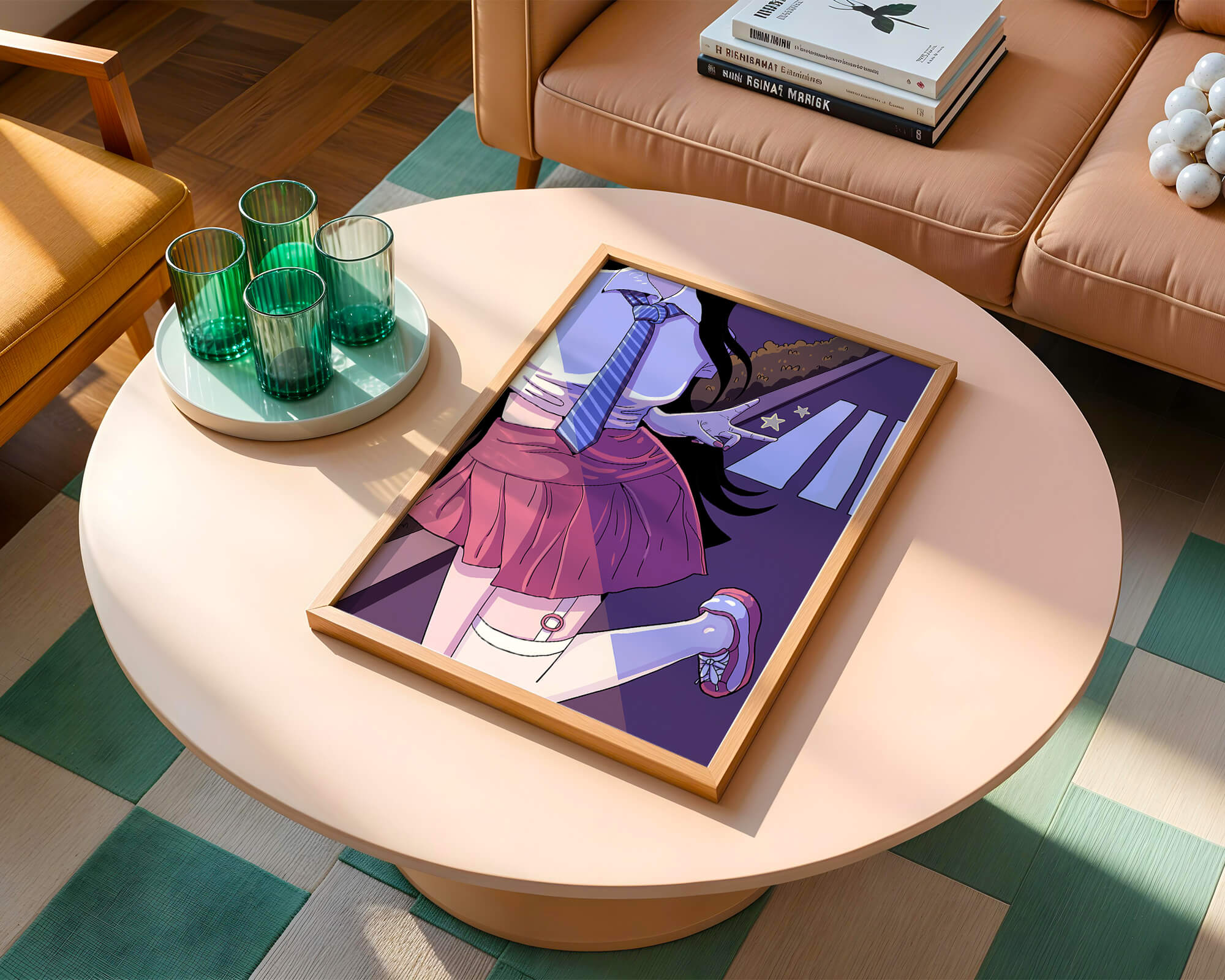Anime style schoolgirl posing with peace sign in vibrant colors