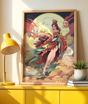An enchanting depiction of a celestial figure with a mystical rabbit and vibrant attire