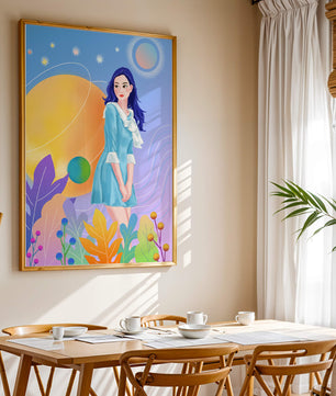 Ilustración de fantasía de una mujer en un jardín cósmico con colores vibrantes