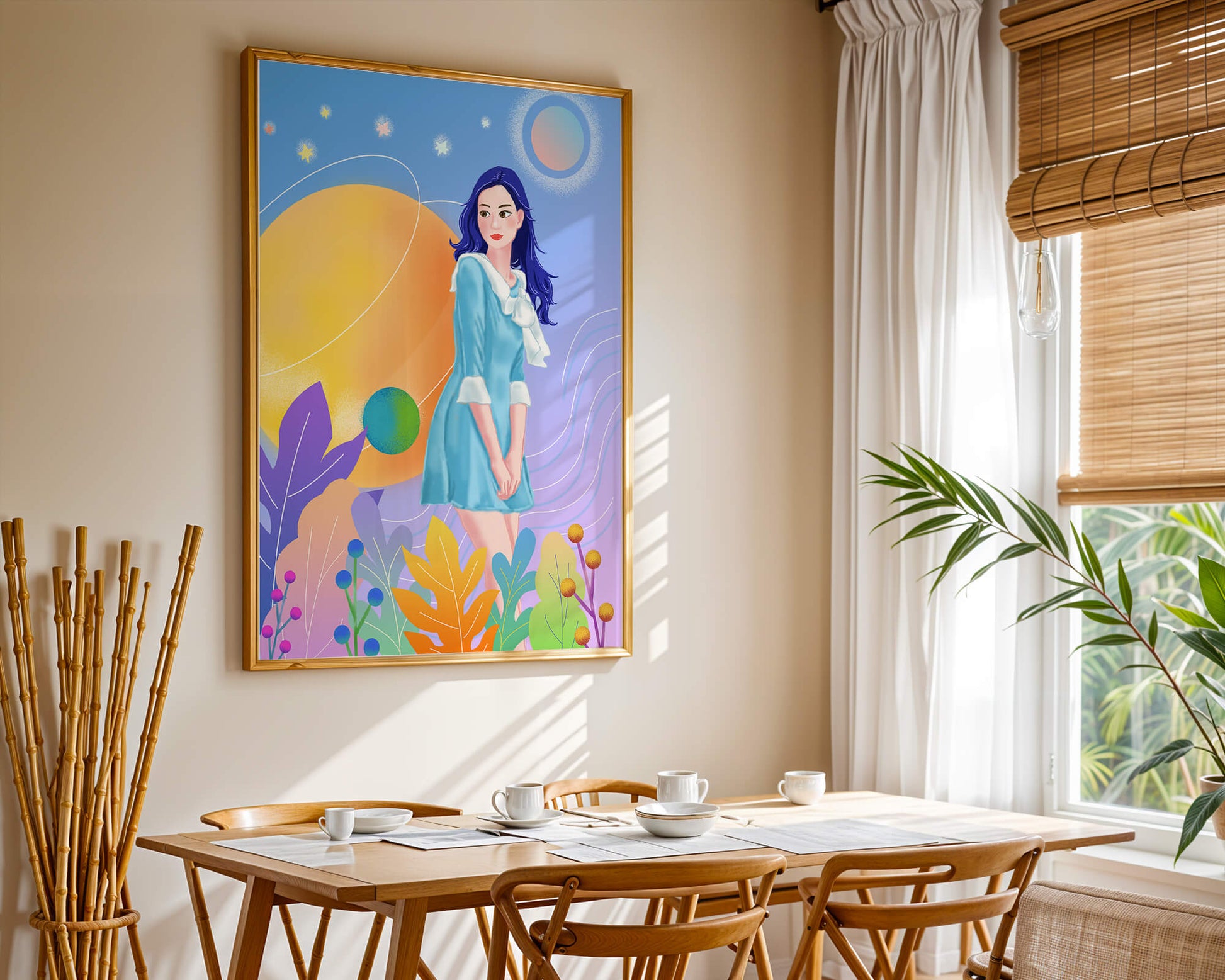 Ilustración de fantasía de una mujer en un jardín cósmico con colores vibrantes