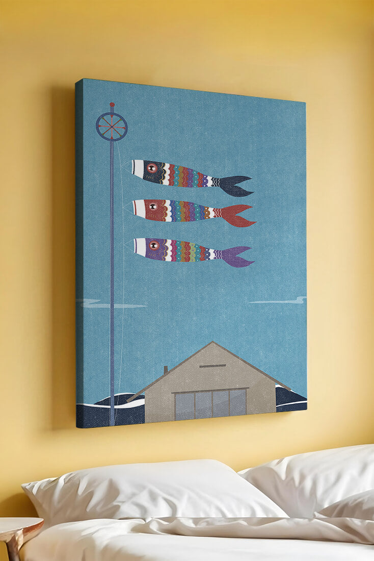Colorful Koi Nobori Fish Flags Against Blue Sky
