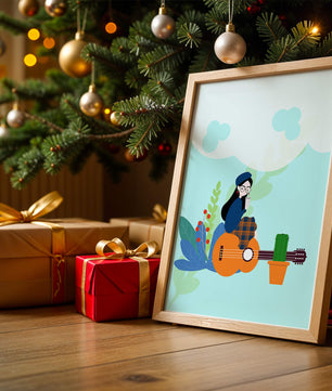 Illustration of a woman with coffee sitting on a guitar surrounded by foliage