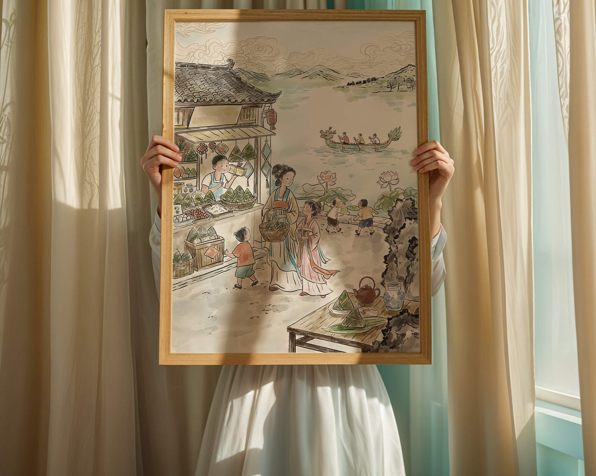 Escena tradicional del mercado chino con carreras de botes dragón