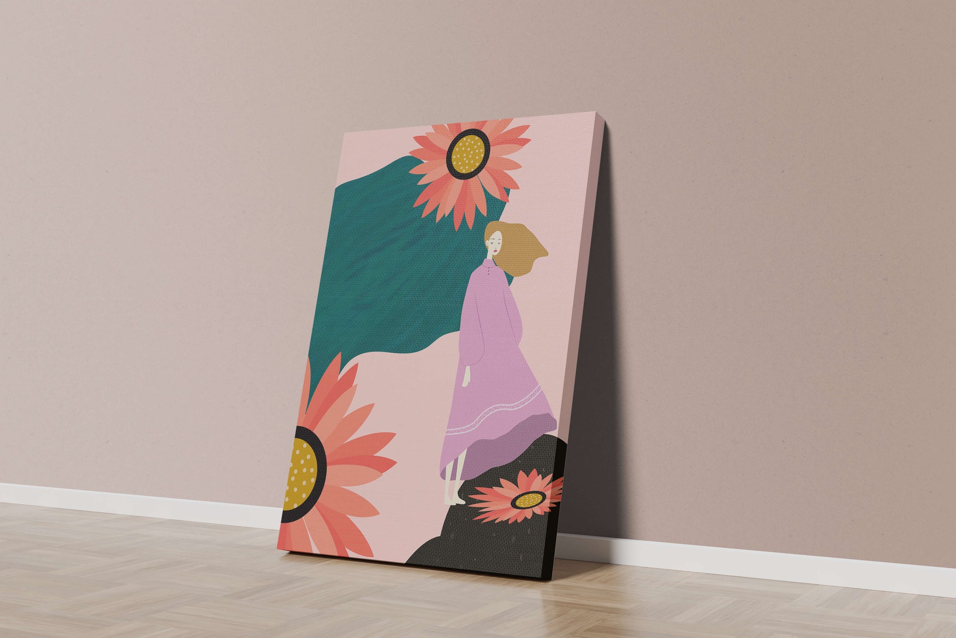 Stylized illustration of woman with vibrant floral elements