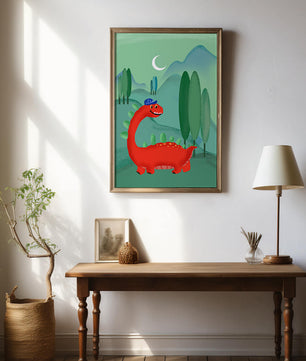 Whimsical red dinosaur in a serene nighttime forest