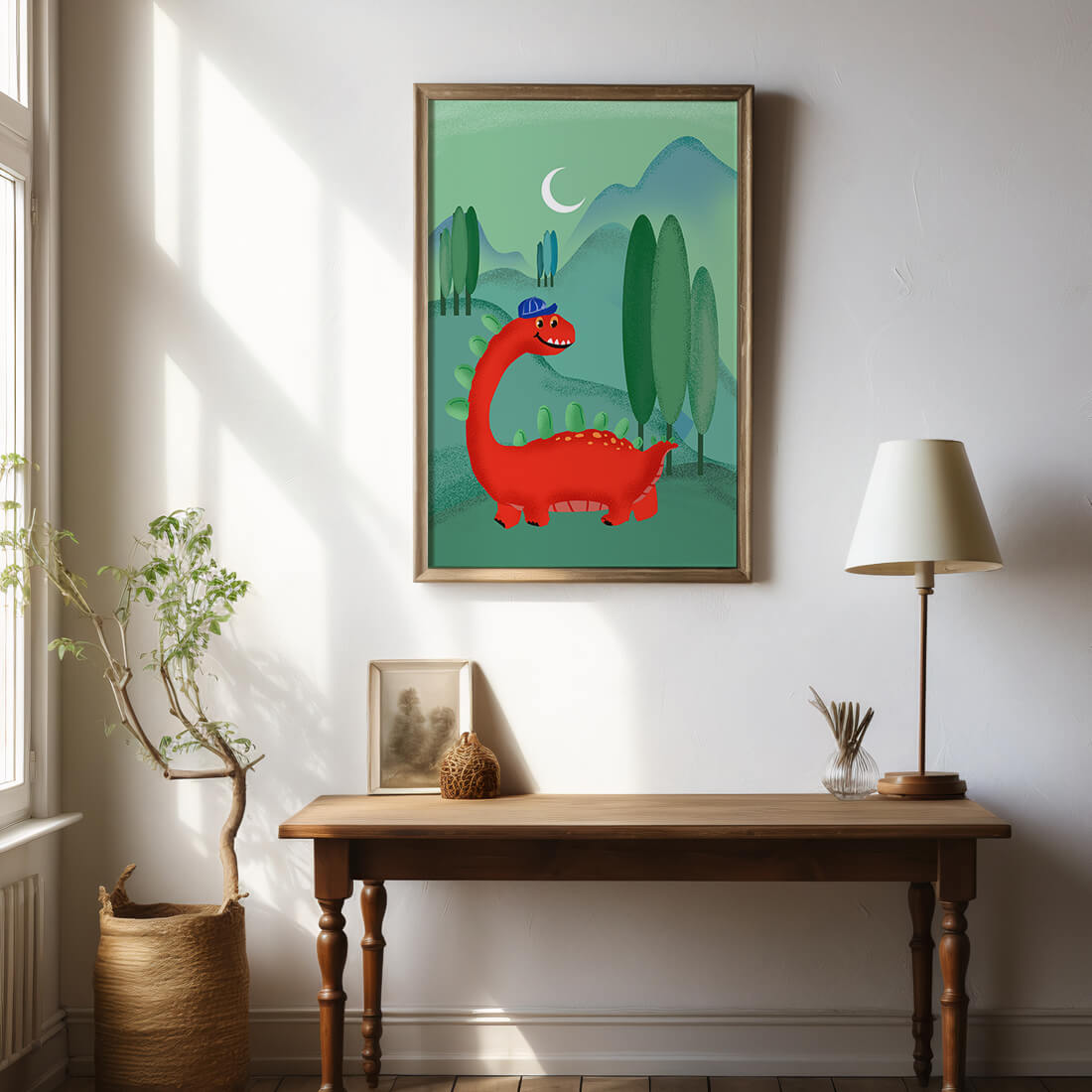 Whimsical red dinosaur in a serene nighttime forest