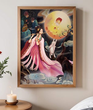 Traditional Asian Art with Flute Player and Moon Rabbit