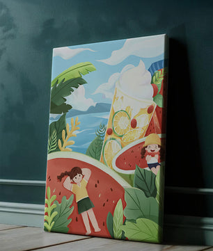 Paysage estival coloré avec des fruits tropicaux et des enfants qui se détendent