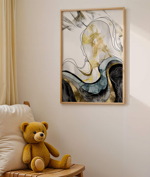Arte abstracto con líneas fluidas y detalles dorados