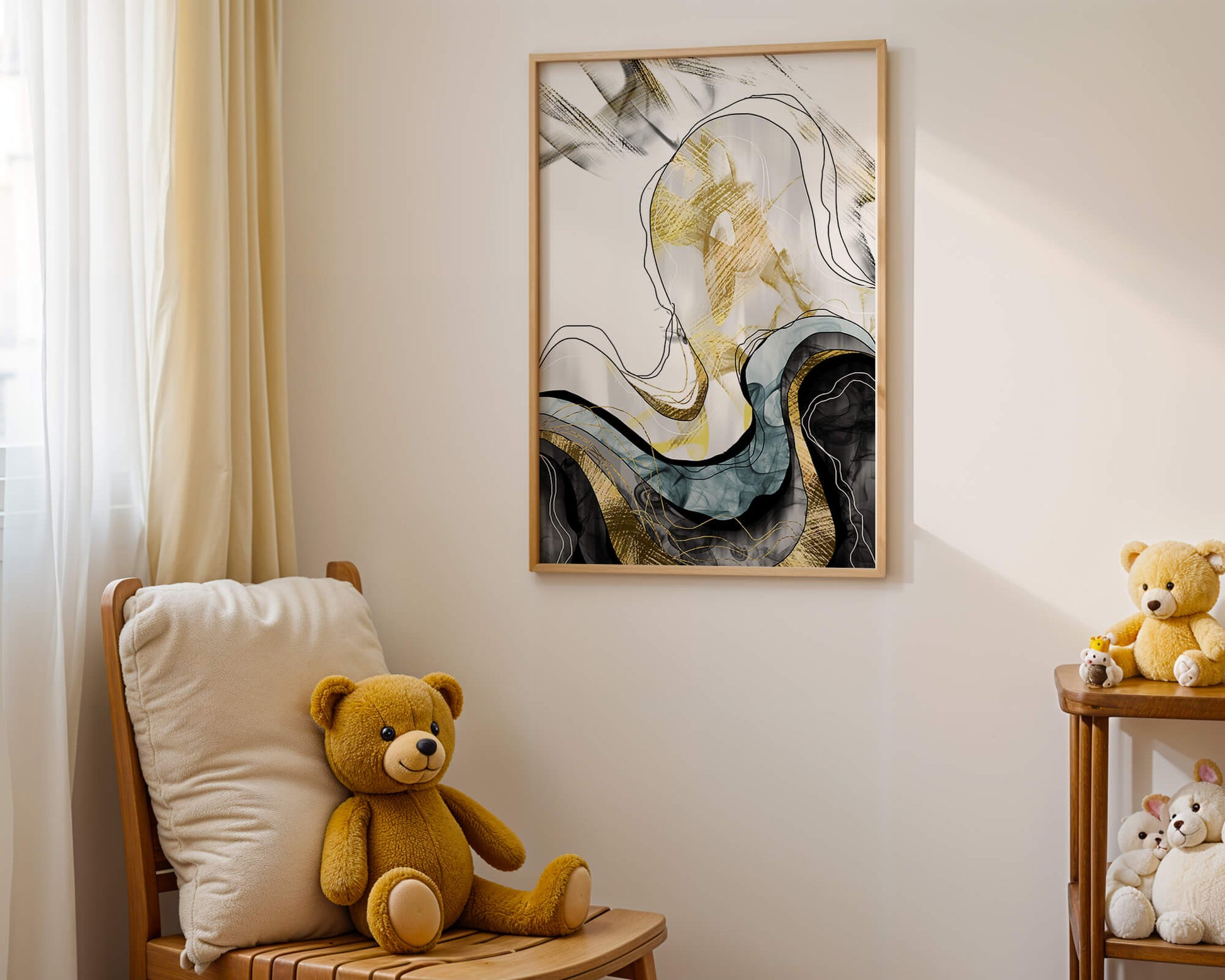 Arte abstracto con líneas fluidas y detalles dorados