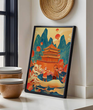 Traditionelles chinesisches Fest mit Laternen und Löwentanz