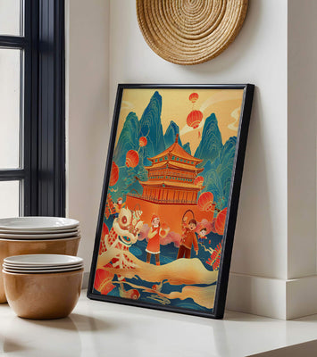 Traditional Chinese festival with lanterns and lion dance