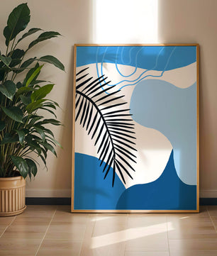 Hoja de palma abstracta sobre fondo azul con líneas fluidas