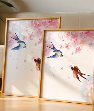 Pájaros coloridos y flores rosadas en una escena primaveral acuarelada