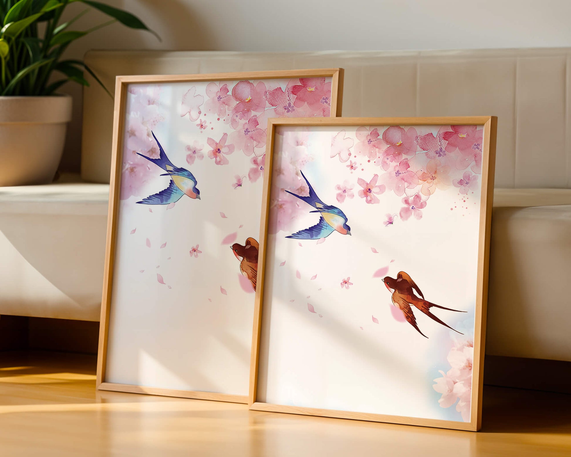 Pájaros coloridos y flores rosas en una escena primaveral de acuarela