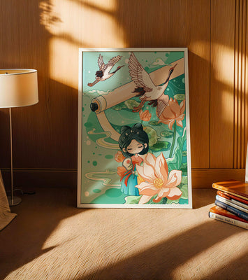 Serene Asian Art Illustration with Cranes and Lotus Flowers