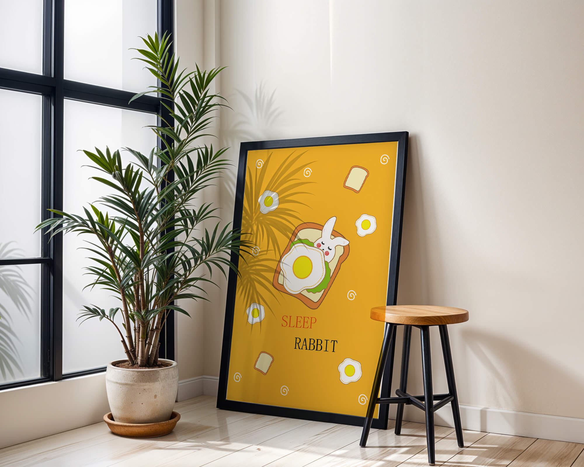 cute rabbit sleeping on toast with fried egg design