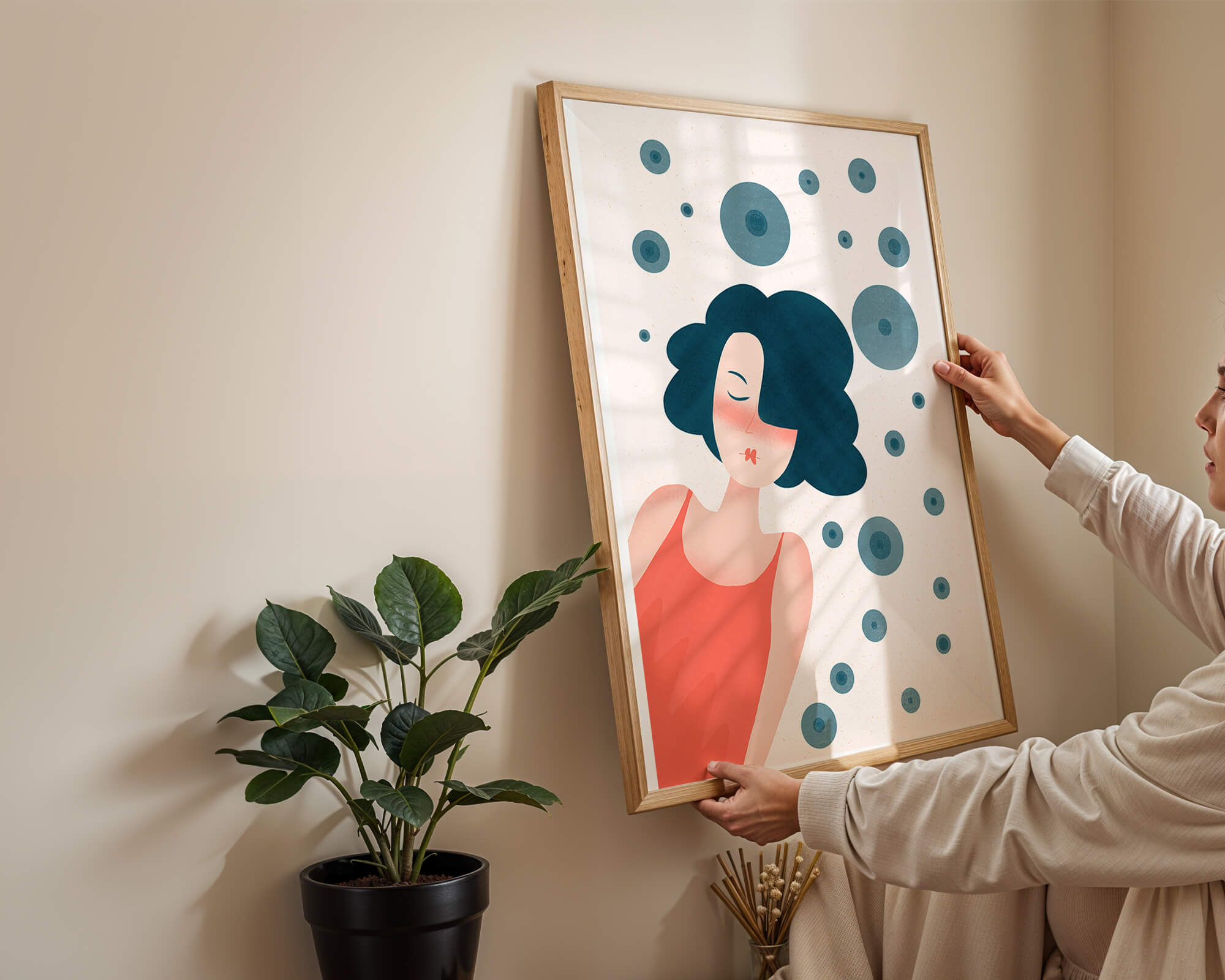 Dreamy Female Portrait with Abstract Circles in Modern Art Style - Mi tienda