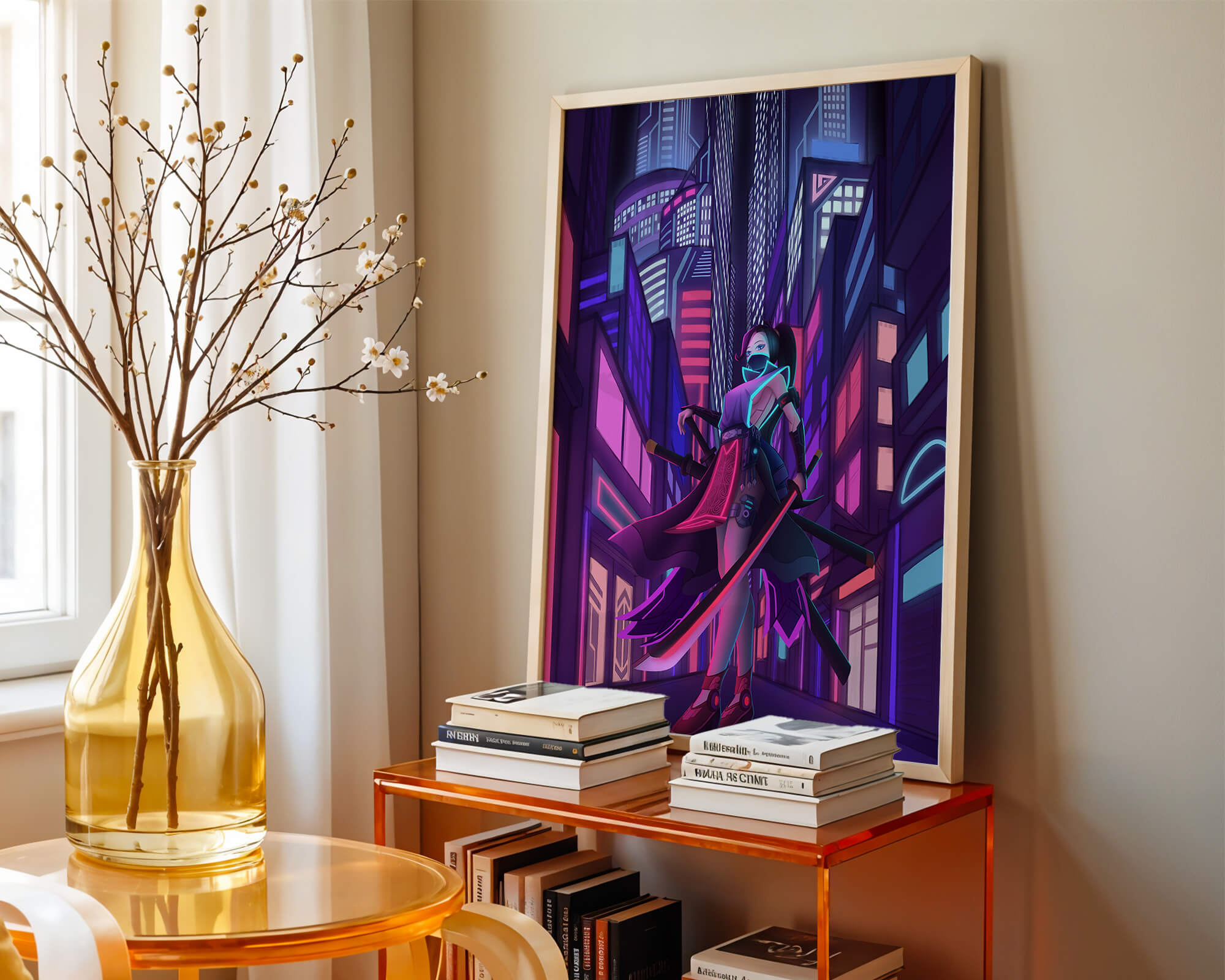 Futuristic cyberpunk cityscape with a female character and neon lights