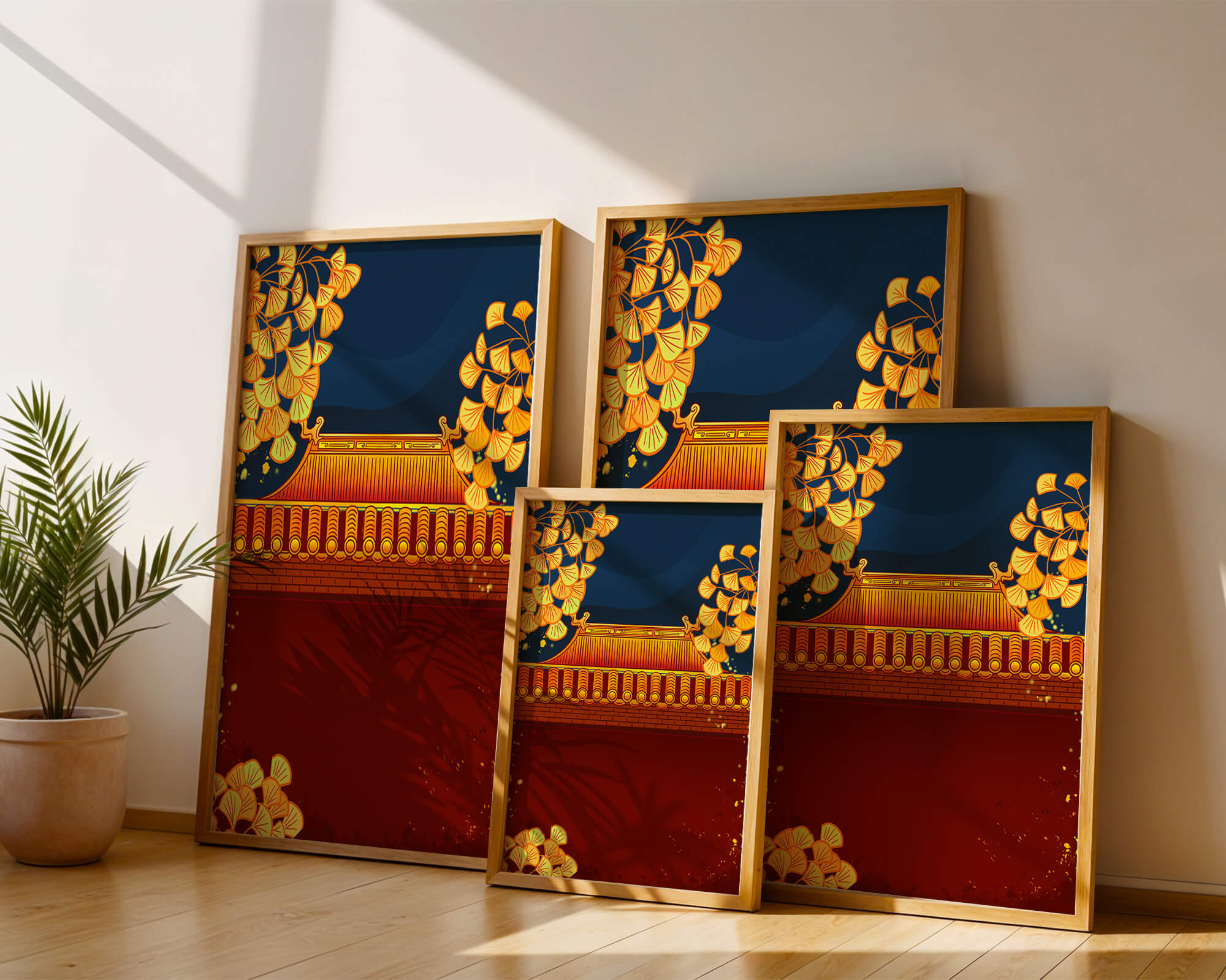 Traditional Asian rooftop with golden foliage on a dark evening sky background