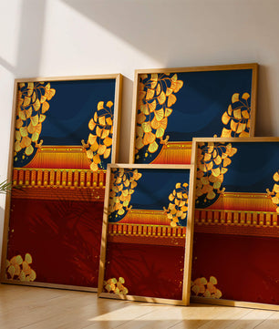 Traditionelles asiatisches Dach mit goldenem Laub auf dunklem Abendhimmel