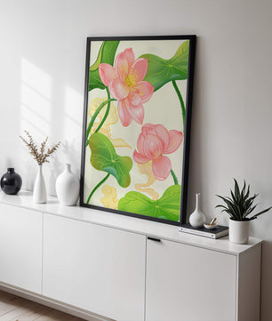 Illustration of pink lotus flowers with green leaves on a pastel background