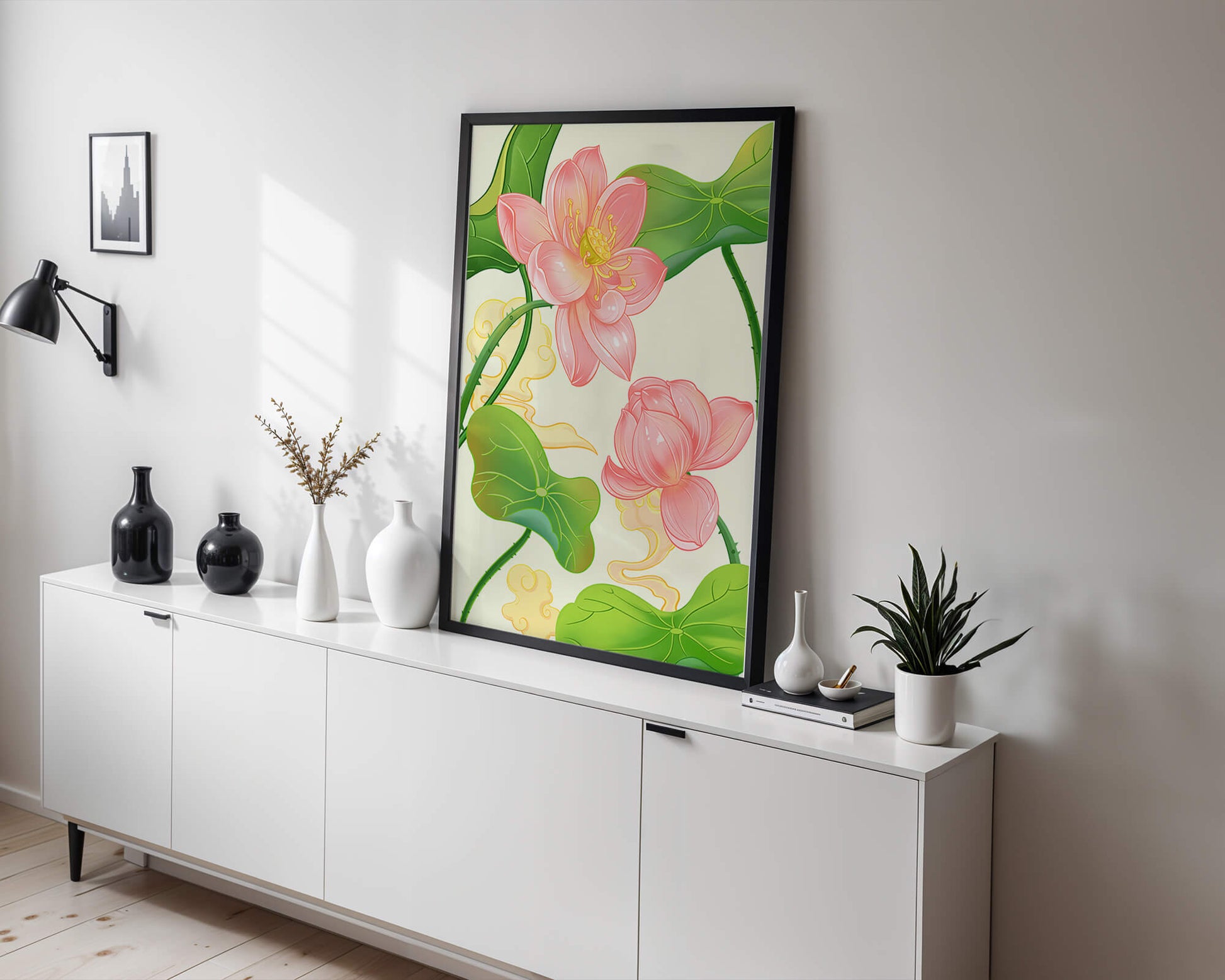 Illustration of pink lotus flowers with green leaves on a pastel background