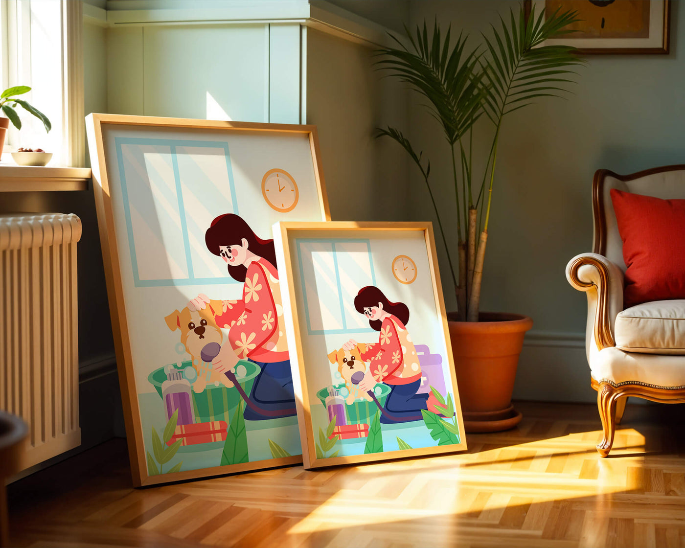 Woman giving a bath to a dog in a colorful bathroom setting