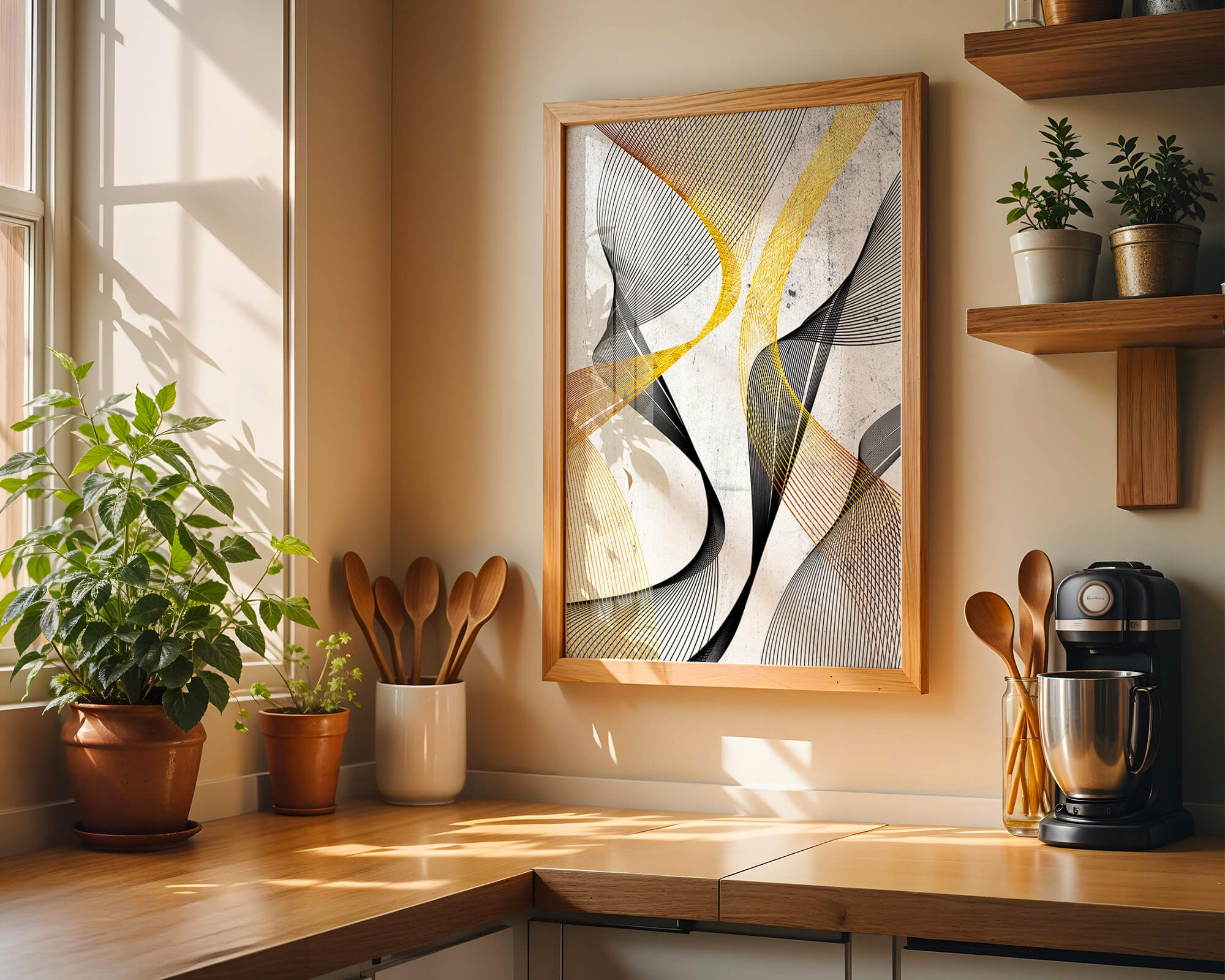 Abstract dynamic lines with golden and black swirls on textured background