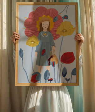 Fille dans un pays des merveilles fleuri avec des couleurs pastel et des fleurs vibrantes