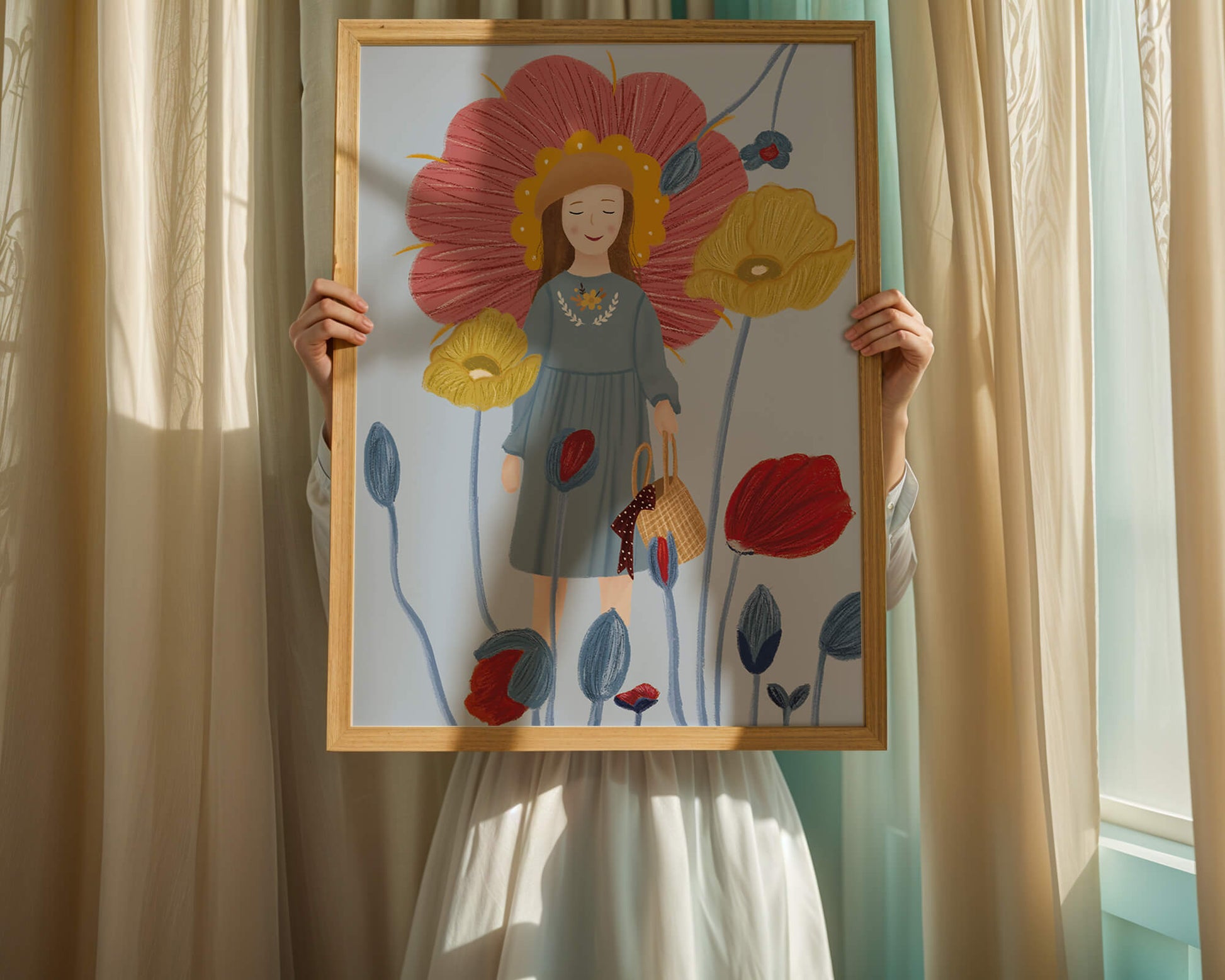 Fille dans un pays des merveilles fleuri avec des couleurs pastel et des fleurs vibrantes