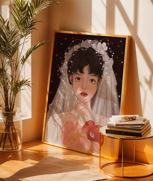 Elegant bridal portrait with floral crown and veil