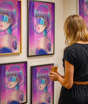 Chica cyberpunk futurista con colores neón y elementos de realidad virtual