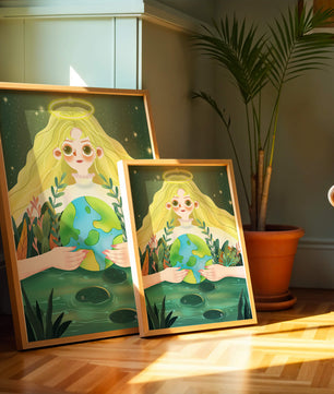 Illustration de la nature paisible avec une figure céleste tenant la Terre