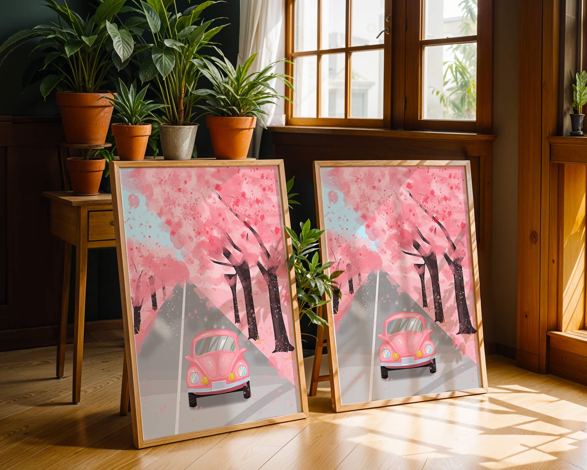 Pink vintage car on a cherry blossom road