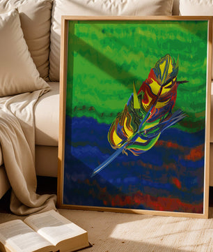 Abstract colorful feather on vibrant background