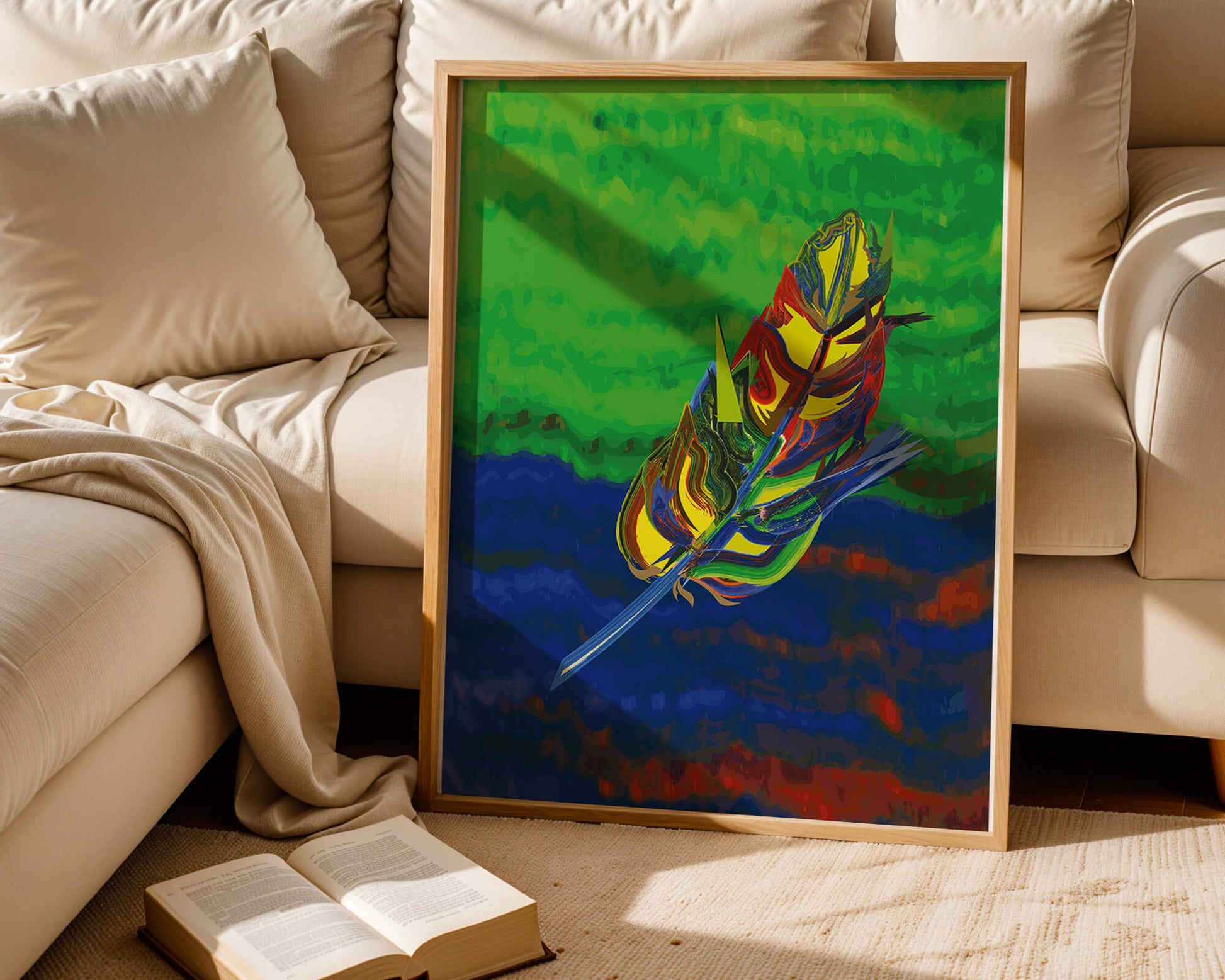 Abstract colorful feather on vibrant background
