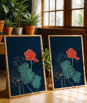 Elegant Floral Illustration with Vibrant Lotus and Gold Outlines on Dark Background