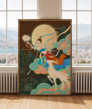 Ilustración serena de una mujer mística con ciervos en un paisaje iluminado por la luna