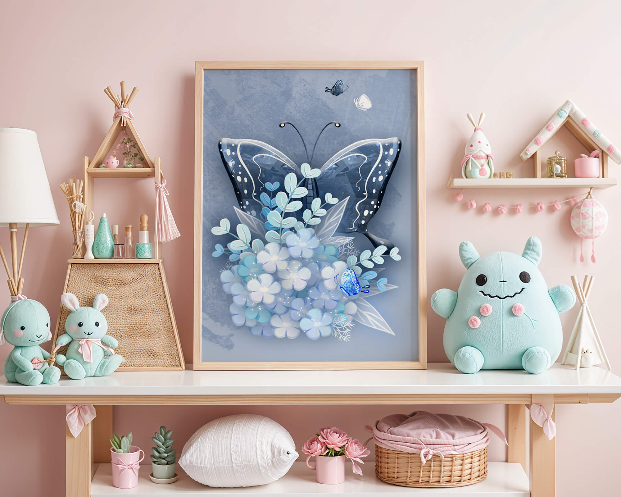 Floral and butterfly digital artwork in calming blue shades