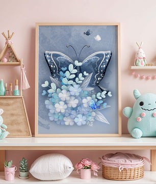 Floral and butterfly digital artwork in calming blue shades