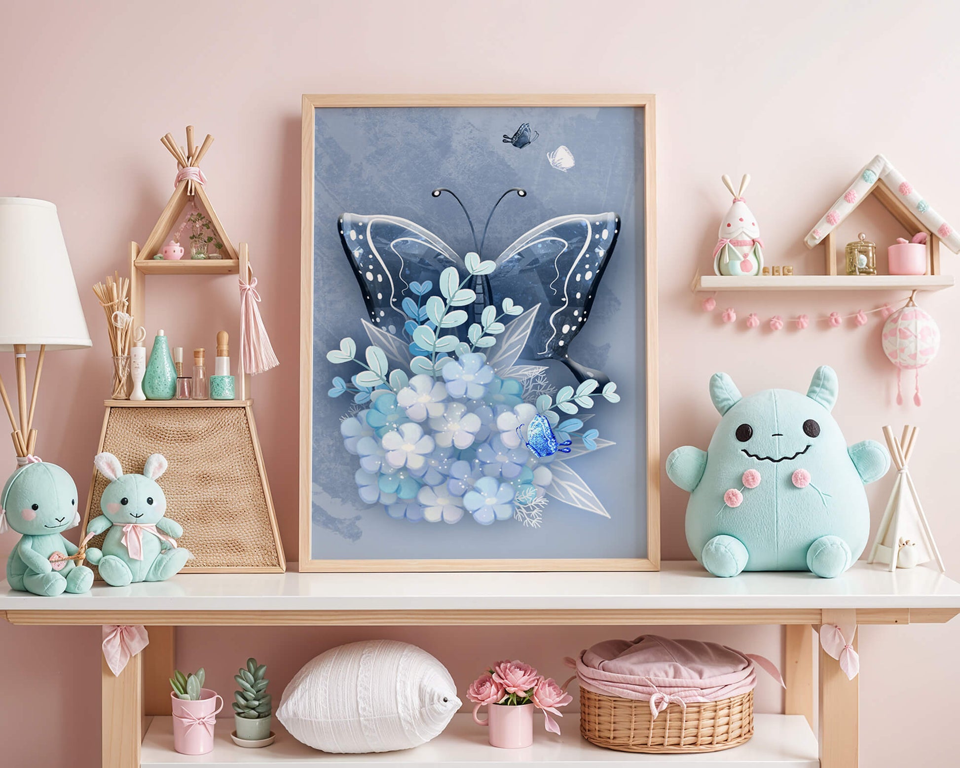 Floral and butterfly digital artwork in calming blue shades