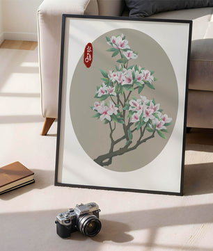 Obra floral delicada con magnolias en flor en estilo oriental