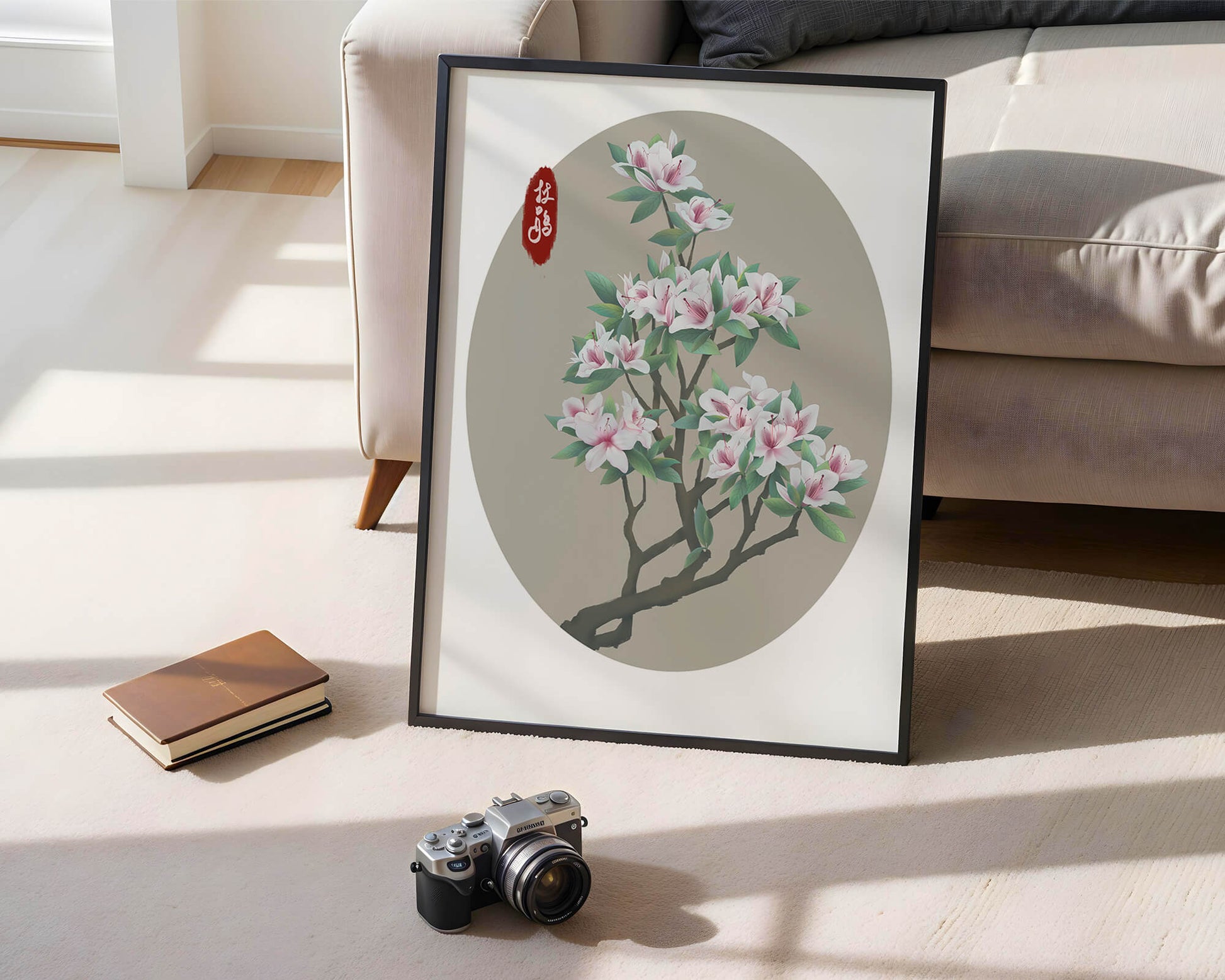 Obra floral delicada con magnolias en flor en estilo oriental